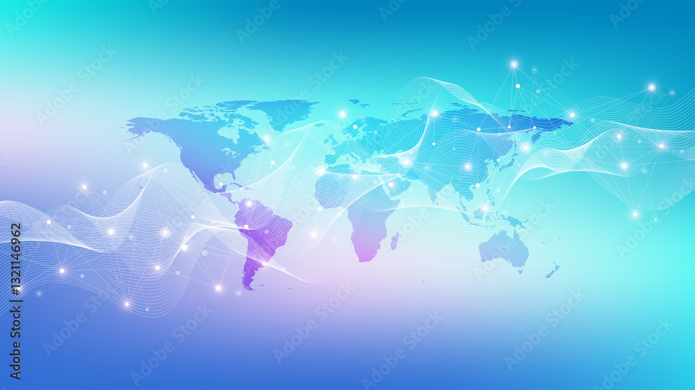 Fototapete Digits abstract background with connected line and dots, wave flow. Digital neural networks. Network and connection background for your presentation. Graphic polygonal background, illustration