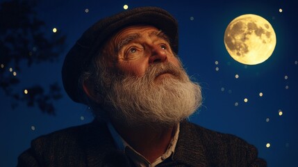 Elderly Man Gazing at the Night Sky in Anticipation of a Crescent Moon