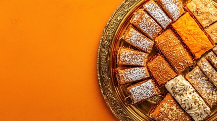 Traditional Ramadan Sweets Neatly Arranged on Ornate Plate with Vibrant Orange Background