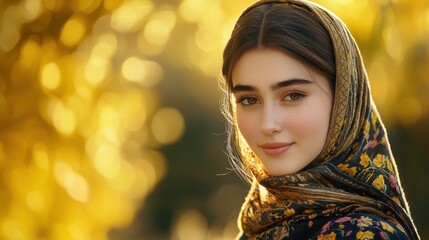 Young Woman in Traditional Attire Posing Close Up with Beautiful Background of Soft Golden Light