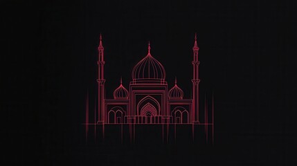 Simple Geometric Outline of a Mosque in Glowing Neon Colors on a Dark Background