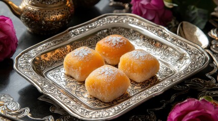 Traditional Ramadan Sweets on Decorative Silver Tray with Roses and Teapot in Elegant Setting