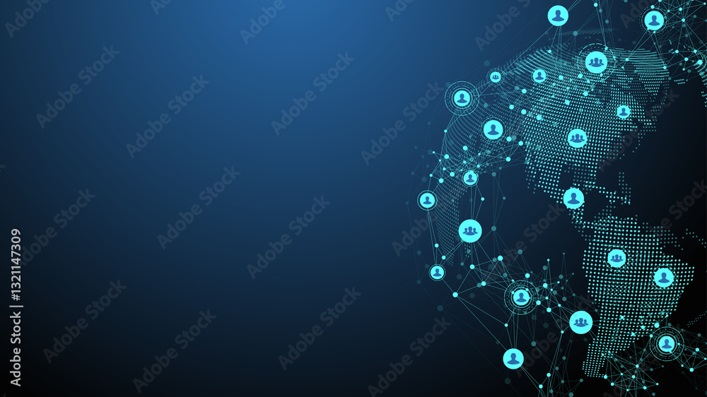 Fototapete Digits abstract background with connected line and dots, wave flow. Digital neural networks. Network and connection background for your presentation. Graphic polygonal background, illustration
