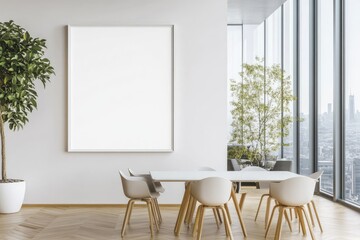 Modern minimalist dining area with large blank canvas