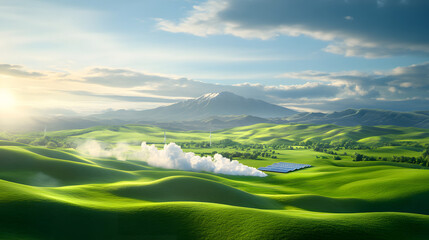 A serene landscape featuring lush green hills, a mountain backdrop, and steam rising from a facility under a bright sky