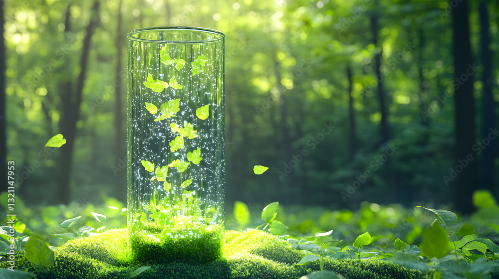 Poster a glass cylinder surrounded by lush greenery, with small leaves floating inside, symbolizing nature 