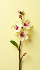 Fototapeta premium Single branch with buds and flowers against light yellow-white surface, flower, growth