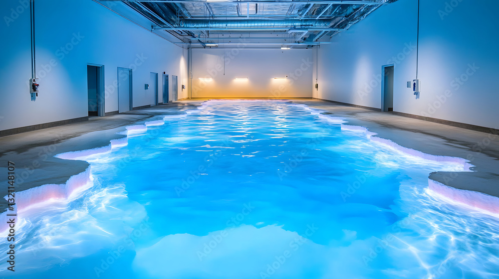 Poster a serene indoor pool features calm blue water illuminated by soft lighting, creating a tranquil ambi