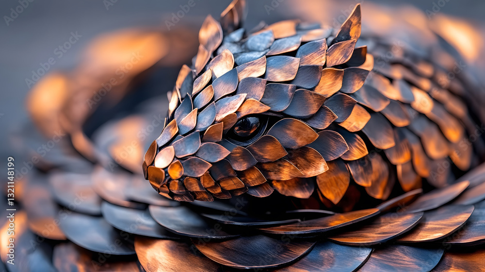 Poster a detailed sculpture resembling a serpent made from metallic scales, showcasing intricate craftsmans