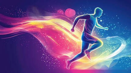 Dynamic silhouette of a runner in motion, surrounded by vibrant color trails and abstract light effects