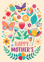 Happy Mother's Day card gifts and banner flyer affiche, Happy Mother's Day greeting card with flowers and butterflies. Vector illustration.