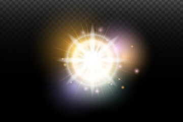 Light flash effect with flares and glow on a transparent background. Magical glow, shining light, star, optical flares for design, photomontage, New Year, and festive projects.