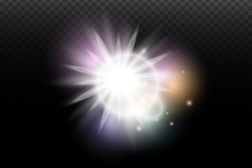 Light flash effect with flares and glow on a transparent background. Magical glow, shining light, star, optical flares for design, photomontage, New Year, and festive projects.