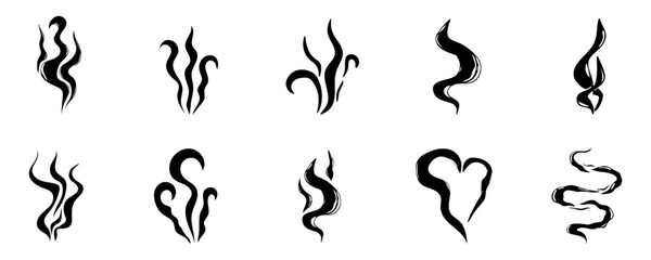 Steam smoke hand drawn line comic doodle. Aroma trail, cloud or wind silhouette. Smells hot air fragrance evaporate set. 
