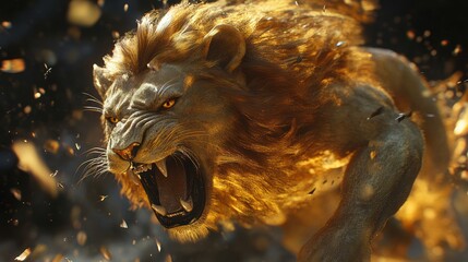 Roaring lion, golden mane, dust cloud, African savanna, wildlife documentary