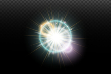 Light flash effect with flares and glow on a transparent background. Magical glow, shining light, star, optical flares for design, photomontage, New Year, and festive projects.