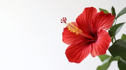 Vibrant red flower, detailed petals, green leaves, white background