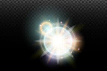 Light flash effect with flares and glow on a transparent background. Magical glow, shining light, star, optical flares for design, photomontage, New Year, and festive projects.
