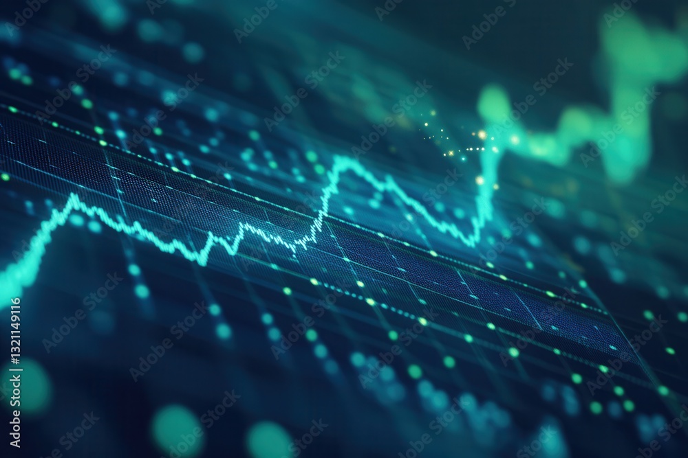 Poster dynamic trend lines and data grid depict political and economic analysis with blue and green tones f