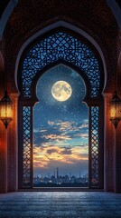 Dreamlike night an ornate window framing a starry sky