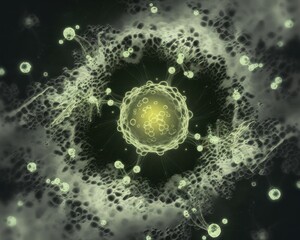 Chronic inflammation warning signs concepts. Abstract microscopic image of cellular structures with glowing elements.