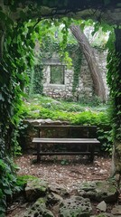 Lush overgrown garden pathway with weathered stone archway, bench, and window