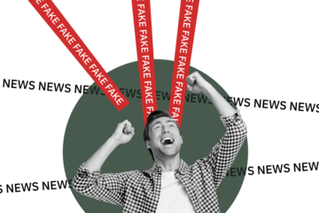 Trend artwork sketch image 3D photo collage of young guy customer raise hands fist up look happy smile fake news trash brainwash content