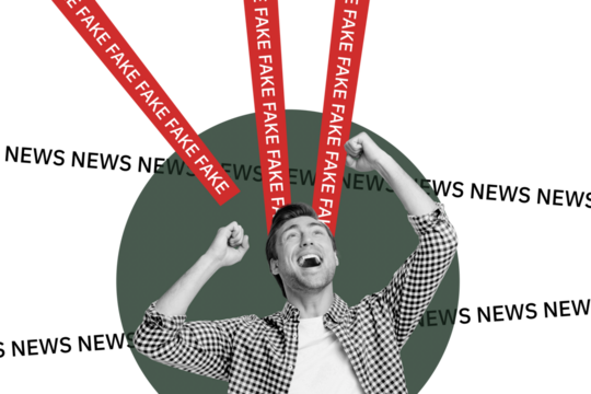 Trend artwork sketch image 3D photo collage of young guy customer raise hands fist up look happy smile fake news trash brainwash content