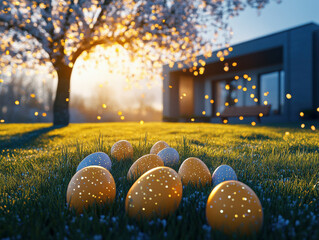 Easter egg hunt scene with decorated eggs glowing in the golden evening light.