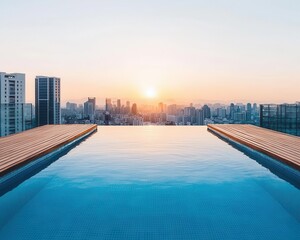 Naklejka premium Minimalist rooftop pool with a view of the city skyline, sleek wooden deck, modern apartment building, serene sunset reflections