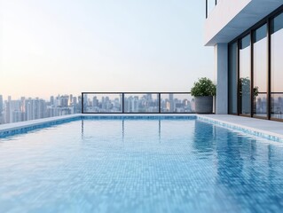 Rooftop swimming pool at a chic urban residence, glass barriers, view of city skyscrapers, serene water surface, bright day