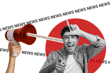 Trend artwork composite sketch image photo collage of young handsome man show gesture loser at huge loudspeaker enjoy fake information