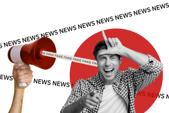 Trend artwork composite sketch image photo collage of young handsome  man show gesture loser at huge loudspeaker enjoy fake information