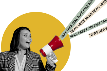 Magazine picture sketch collage image of excited lady broadcasting bull horn fake news isolated creative background