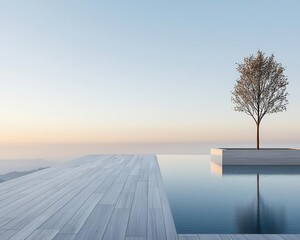 Rooftop pool with sleek design at a modern villa, wooden deck, infinity edge merging with the horizon, tranquil sunset scene