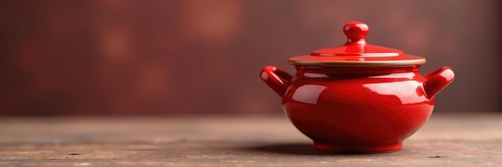 Small red ceramic pot with a decorative handle and lid, ceramic, centerpiece, vase