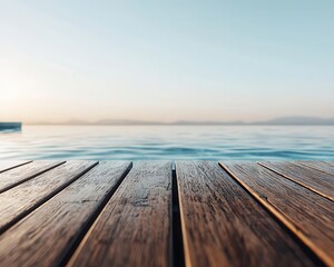 Fototapeta premium Rooftop pool with sleek design at a modern villa, wooden deck, infinity edge merging with the horizon, tranquil sunset scene