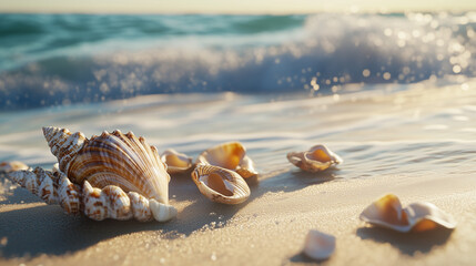 Seashells on wet sand with ocean waves rolling in