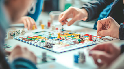 Fototapeta premium Friends playing board games sitting at table. people spending time together practice board game. Close up hands with chips on a play card. Friendship, hobby leisure time, selective focus