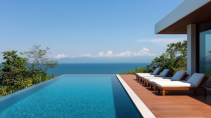 Fototapeta premium Modern rooftop pool at a luxury residence, wooden deck and minimal seating, overlooking the ocean, calm serene atmosphere