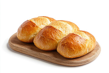 Three golden brown crusty bread rolls on wooden board delicious bakery eat food loaf oven meal wheat