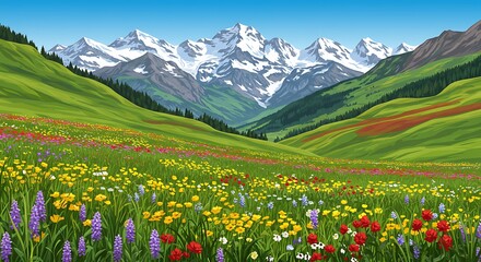 Fototapeta premium Idyllic Mountain Meadow Filled with Wildflowers and Snow-capped Peaks