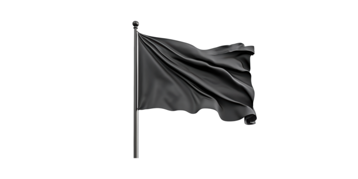 Black waving flag on a pole isolated on transparent background