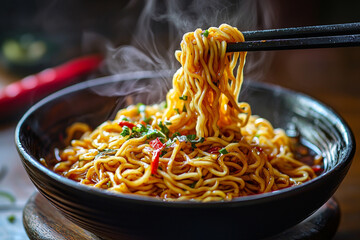 Delicious spicy noodles in black bowl steaming hot asian cuisine food meal udon soba dish lunch tasty