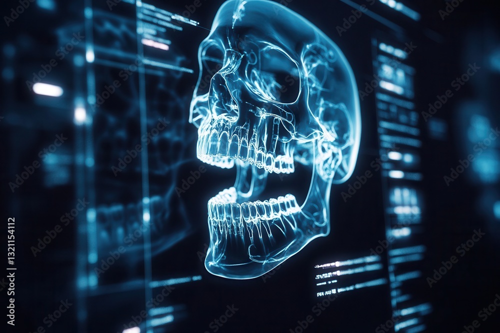 Poster exploring jawbone implants through detailed x-ray blueprint on dark medical background