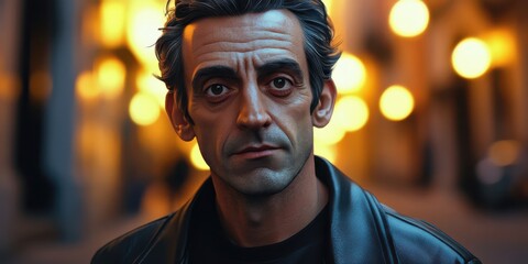 Man with dark hair wearing a leather jacket stands in a softly lit urban street during evening hours