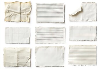 Collection of vintage, aged, torn paper sheets.  Various lined and plain formats