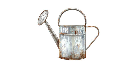 Rusty metal watering can with handle and spout isolated on transparent background