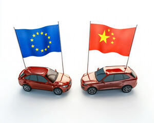 Economic sanctions. One electric car under the Chinese flag, another car under the EU flag on white background. Taxes for Chinese electric cars import in Europe Union. EU and China trade war, export