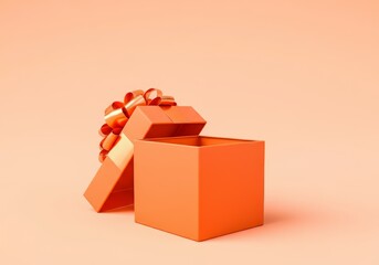 Orange gift box with open lid and decorative bow on peach background